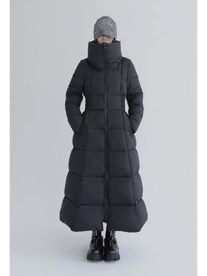 Over-The-Knee White Goose Down Jacket with Waist Design