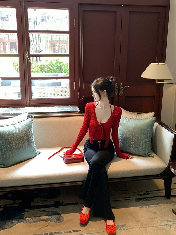 [Tea Clothes] Red Knitted Sunscreen Cardigan & Strap Top Two-Piece Set - Summer Style