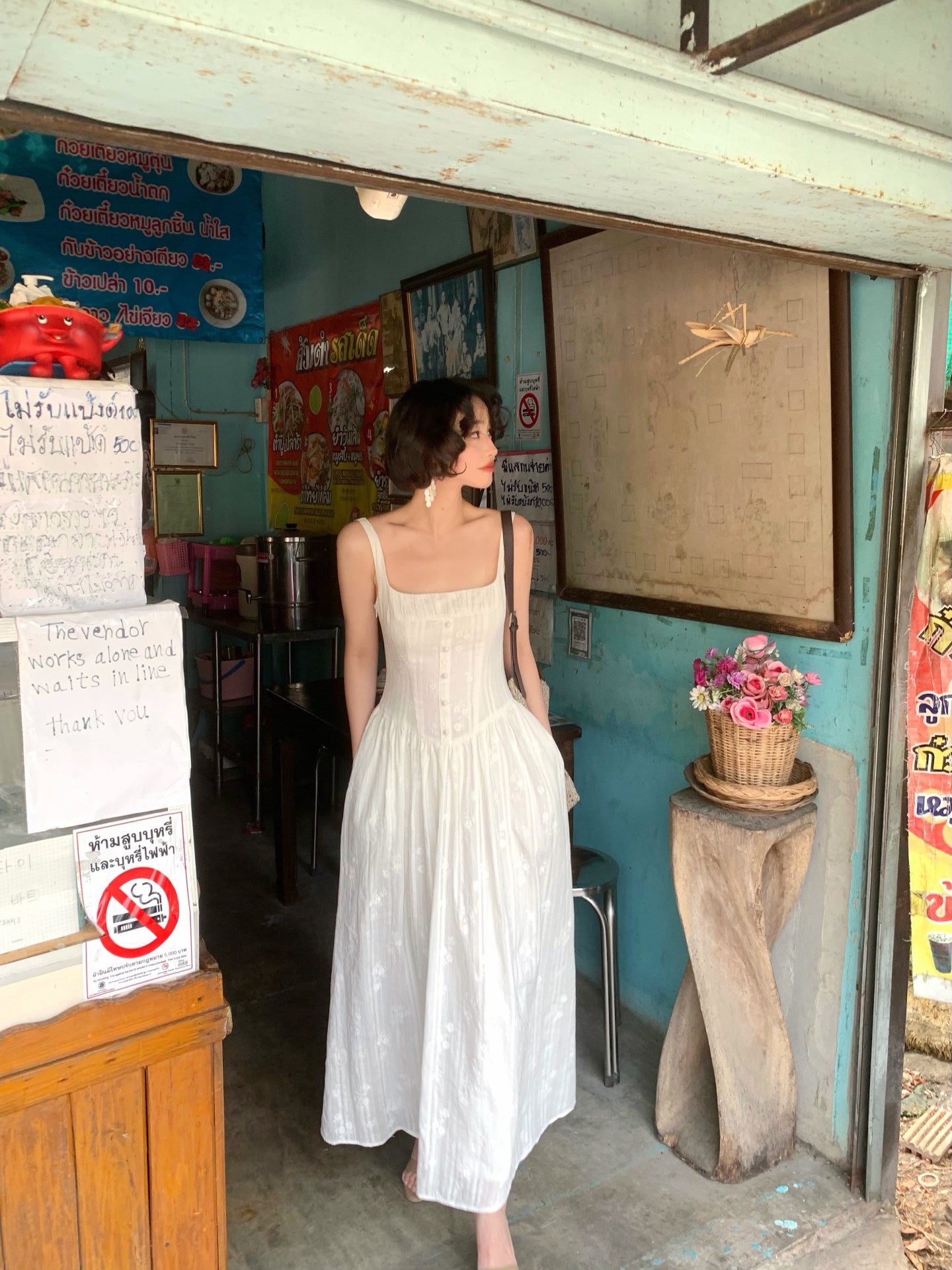 Mountain White Tea Cotton Square-Neck Dress