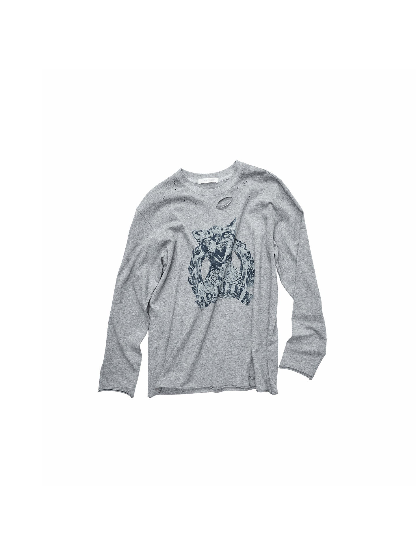Cat Print Distressed Long Sleeve Tee