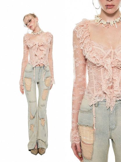 Ultra-Cropped Lace Cardigan – Fitted and Skin-Friendly with Hazy Texture