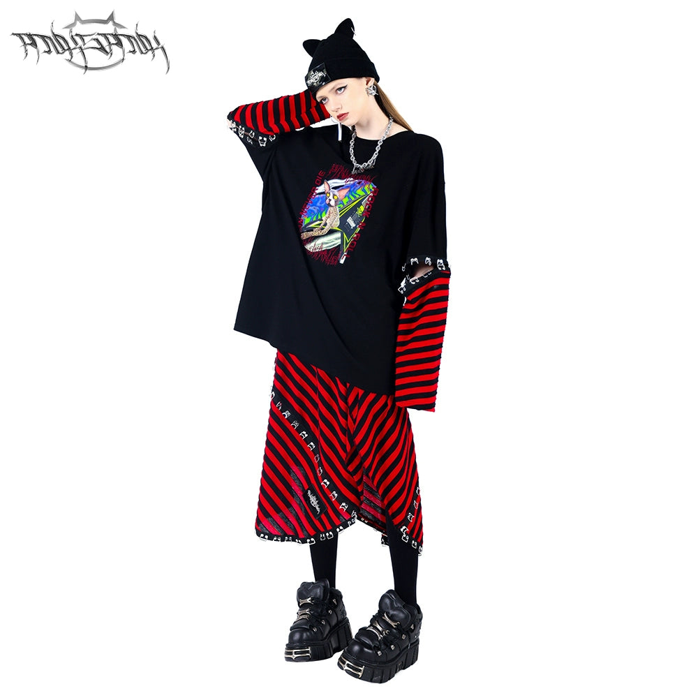 Red & Black Stripe Punk Skirt Apron