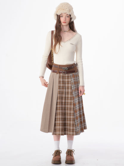 Checkered Wool Pleated Skirt | Retro Spliced Design for Autumn/Winter