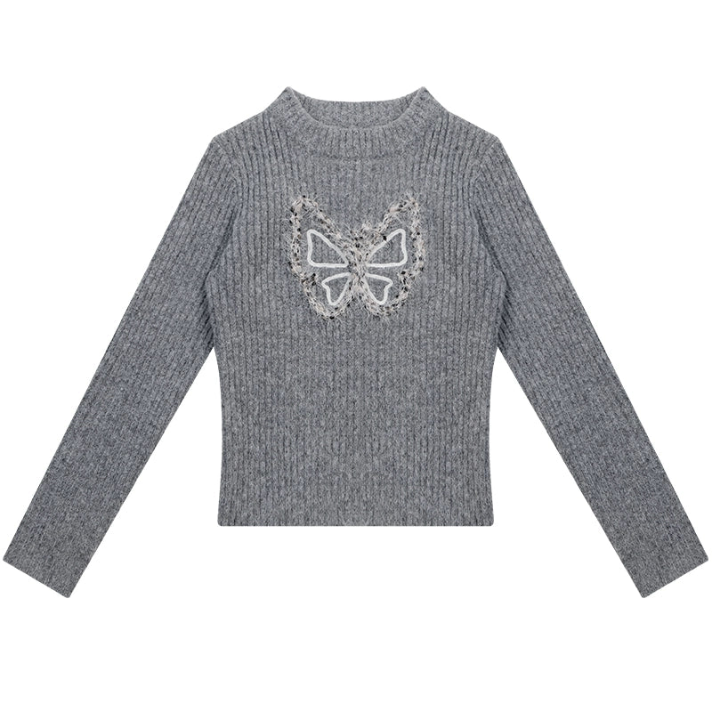 Butterfly Embroidered Slim Fit Knit Top | Long Sleeve Retro Design for Autumn/Winter