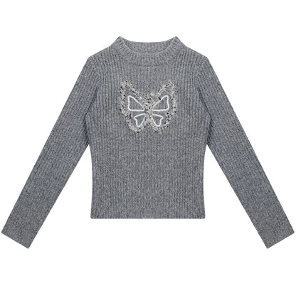 Butterfly Embroidered Slim Fit Knit Top | Long Sleeve Retro Design for Autumn/Winter