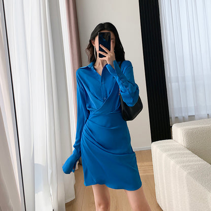 Autumn Blue Shirt Dress - Chic and Slim