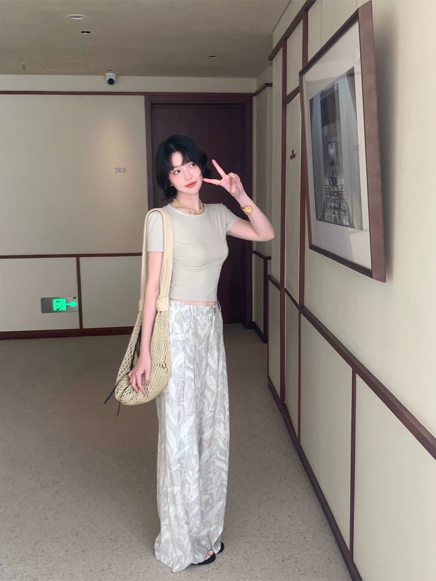 [Cloud Ink Trace] French Printed Slim-Fit High-Waist Trousers