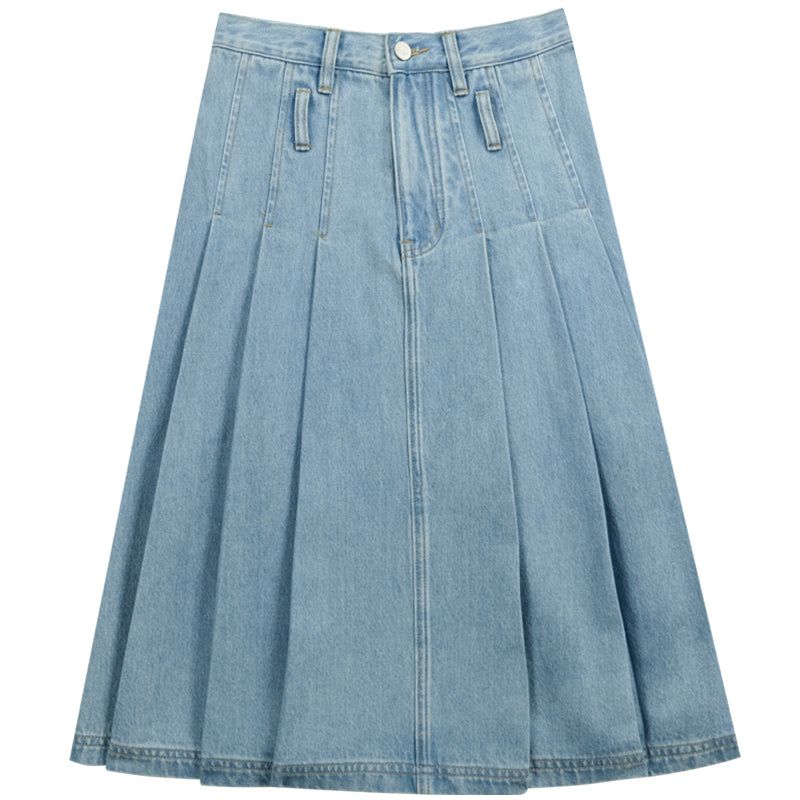 Vintage High Waist Denim Pleated Skirt