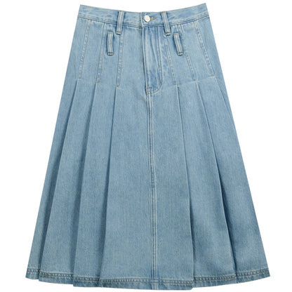 Vintage High Waist Denim Pleated Skirt