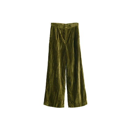 Rich Retro Aesthetics Flowing Colorful Solid Olive Green Velvet Early Autumn Wide Leg Pants Casual Pants