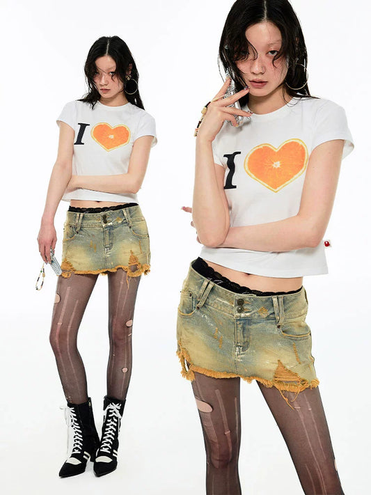 Low-Rise Distressed Denim Mini Skirt – Hot Girl Slim Hip Hugger