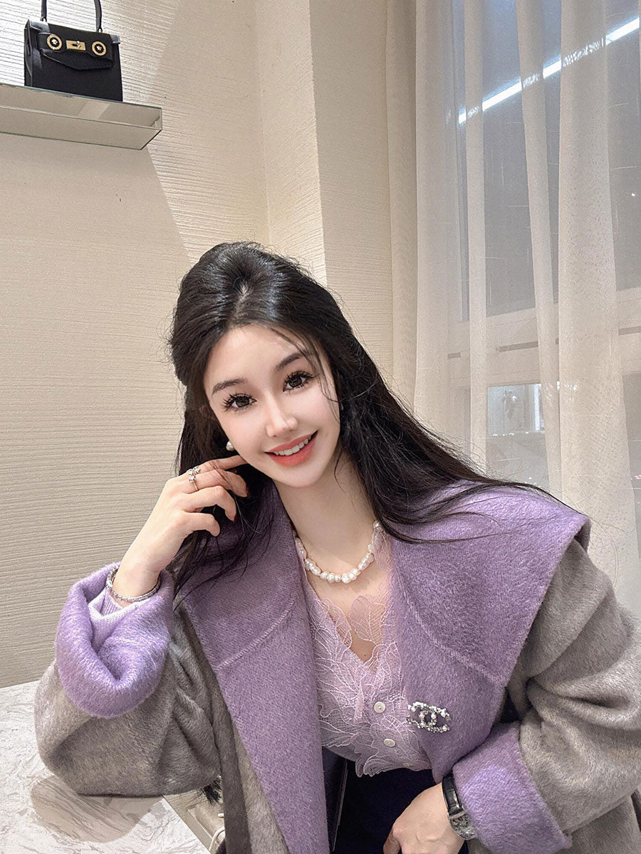 Reversible Cashmere Coat – Chic Short Lace-Up Celebrity Woolen Jacket