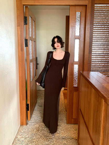 Raccoon Fleece Wool-Blend Square-Neck Long Dress – Hong Kong Retro Winter