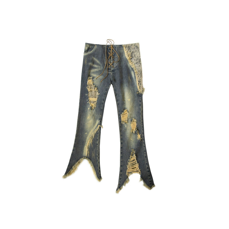 Washed Spliced Lace Bell Bottom Pants | Retro Punk Heavy Duty Style