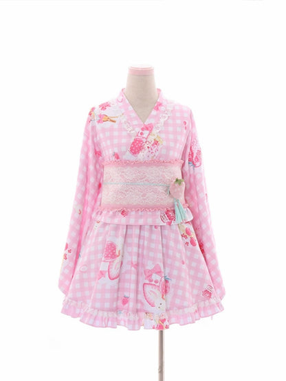 Kumano Studio Strawberry Plaid Yukata Set (3-Piece)