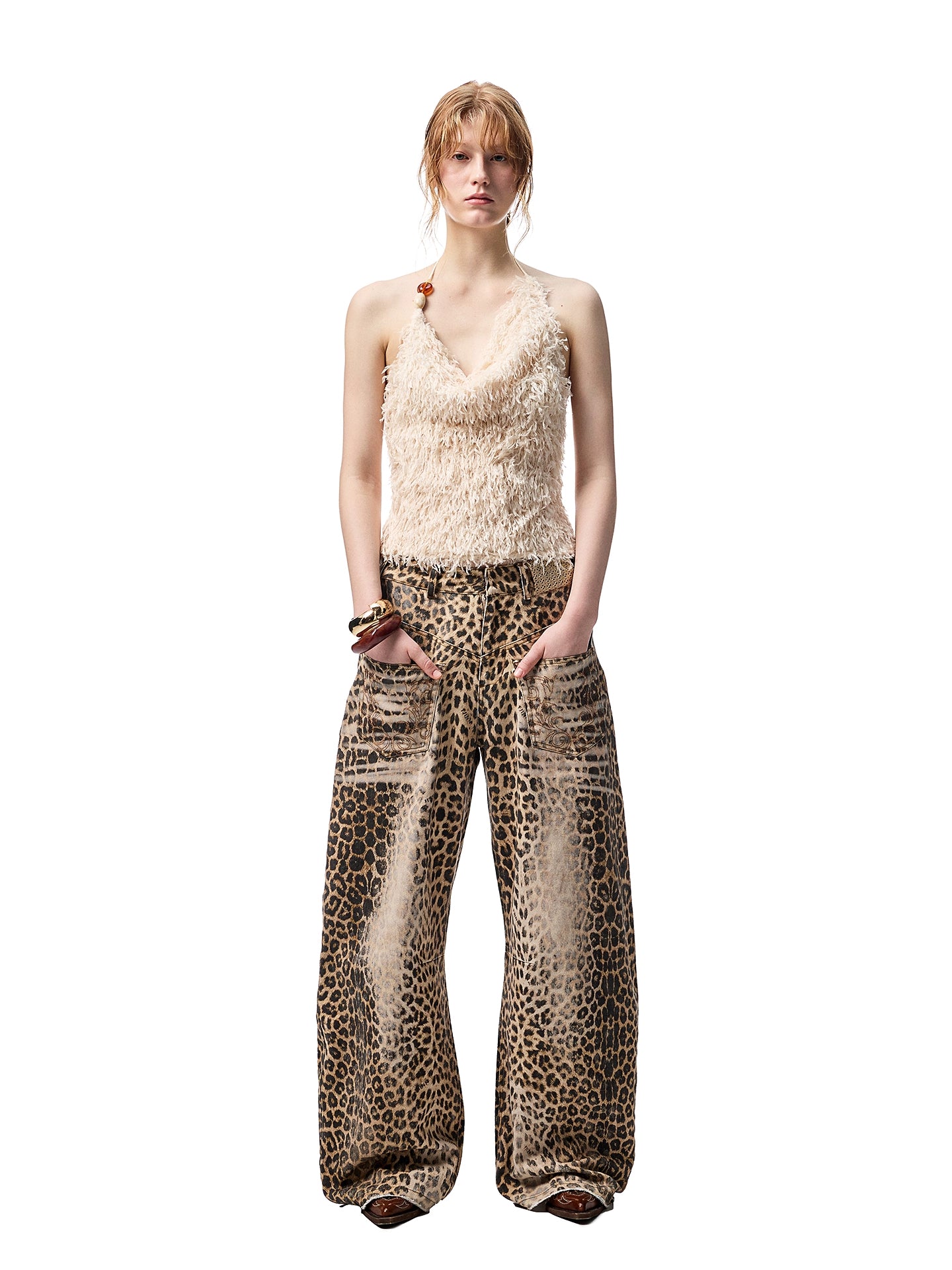 Vintage Leopard Print Wide-Leg Canvas Scimitar Pants – Low-Rise Mop Style
