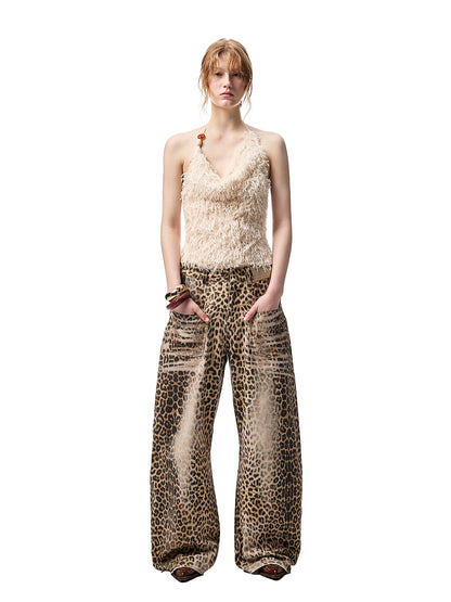 Vintage Leopard Print Wide-Leg Canvas Scimitar Pants – Low-Rise Mop Style