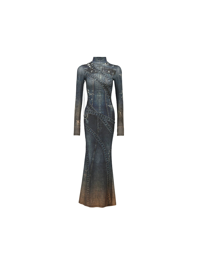 Denim Print High Neck Maxi Dress – Vintage Slim Fit Design
