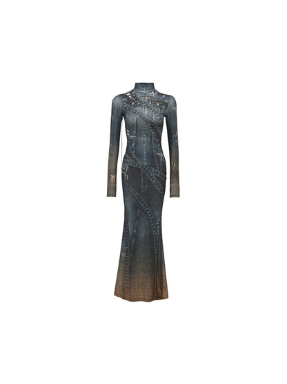 Denim Print High Neck Maxi Dress – Vintage Slim Fit Design