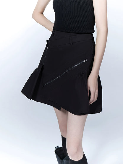 Black Zipper Deconstructed A-line Short Skirt