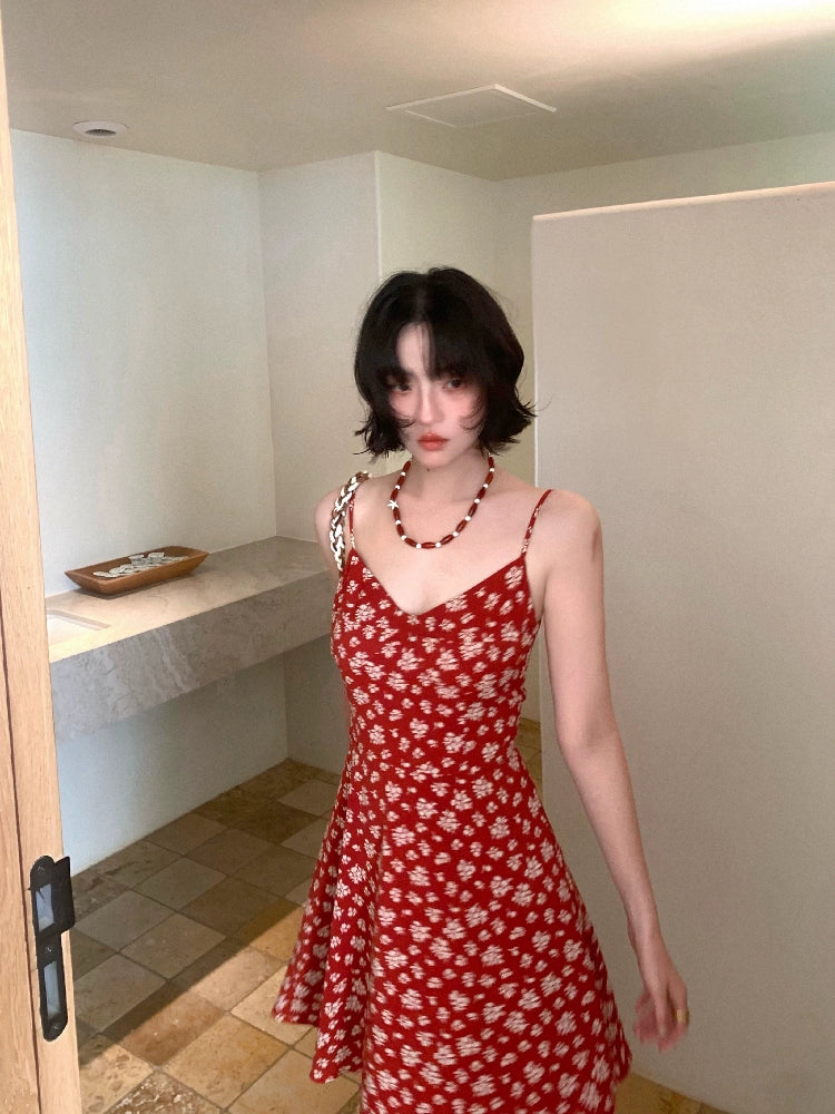 [Vermilion Cherry] French Floral Suspender Mini Dress