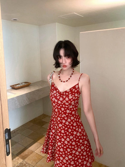[Vermilion Cherry] French Floral Suspender Mini Dress