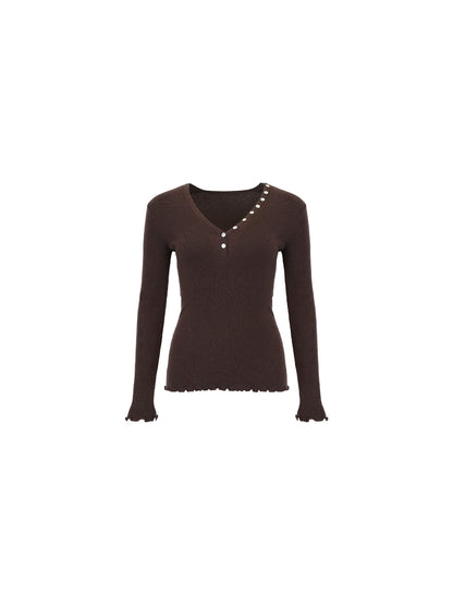 Buttoned V-Neck Essential Knit Top