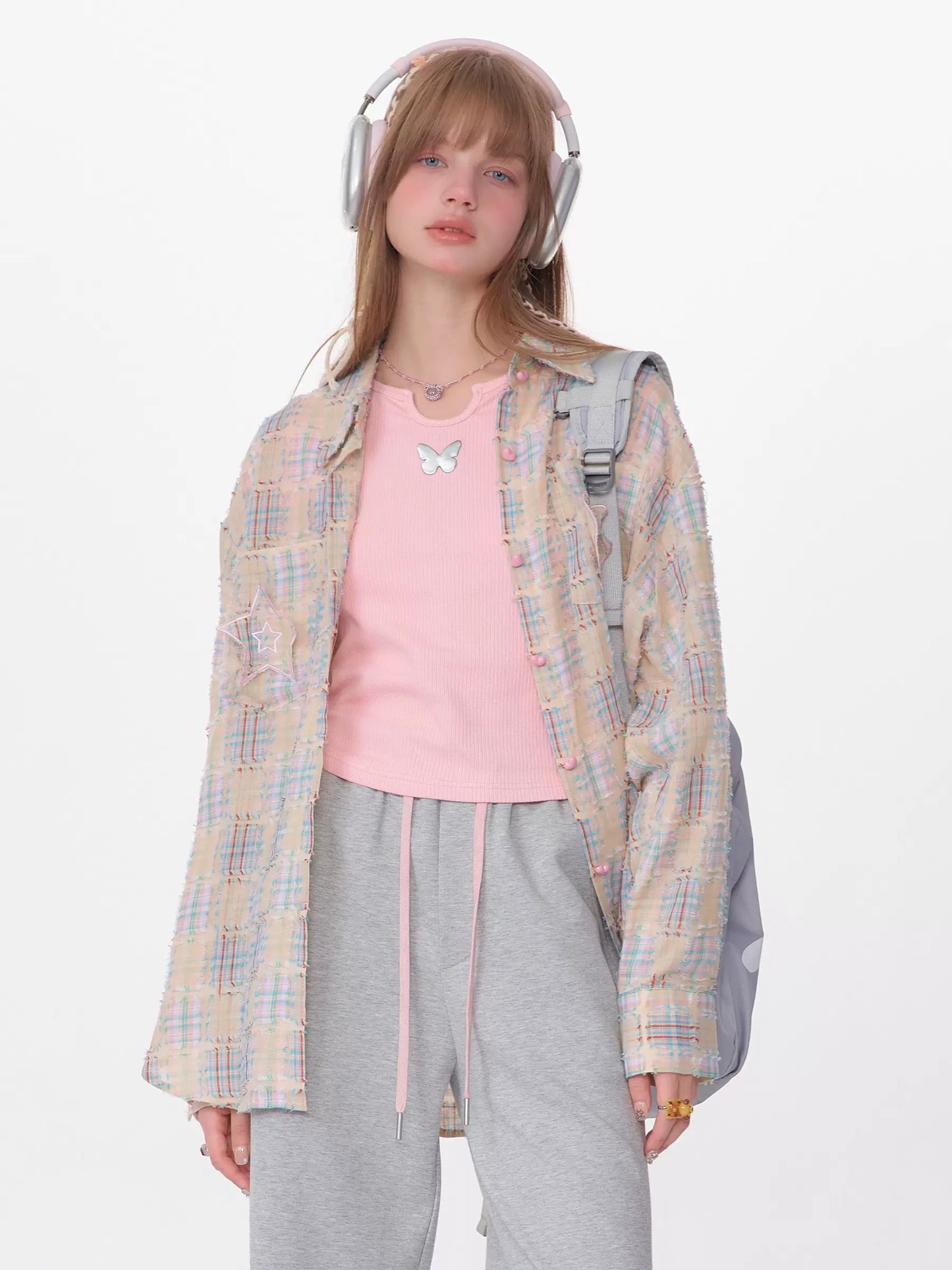 Checkered Long Sleeve Shirt | Medium-Length Retro Design for Spring/Summer