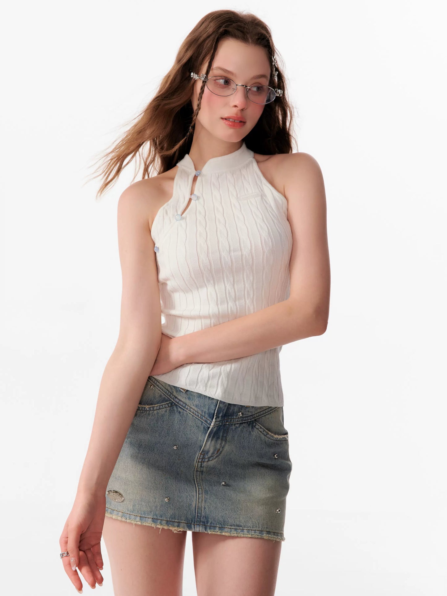 Slant Mouth Sleeveless Top | Retro Backless Knitted Design for Summer