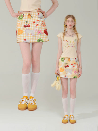 Falda corta con estampado de frutas Estilo de verano ajustado de cintura alta amarillo retro |