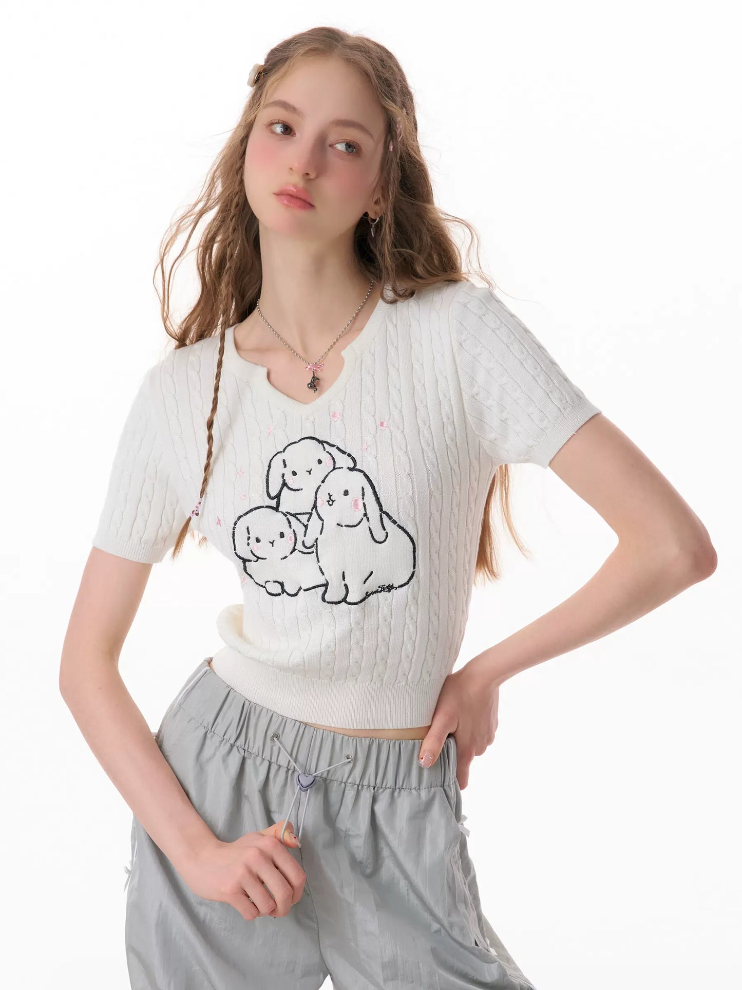 Rabbit Embroidered Twisted Knit Top | Slim Fit Small V-neck for Summer