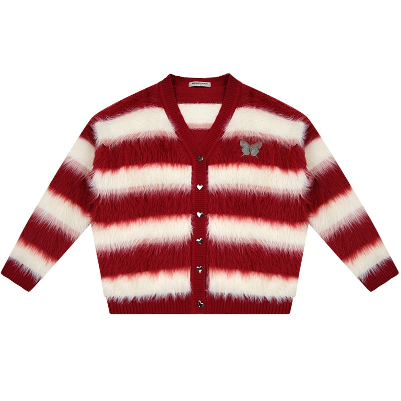 Red Christmas Stripe Knitted Sweater | Soft Thick New Year’s Open Cardigan for Autumn/Winter