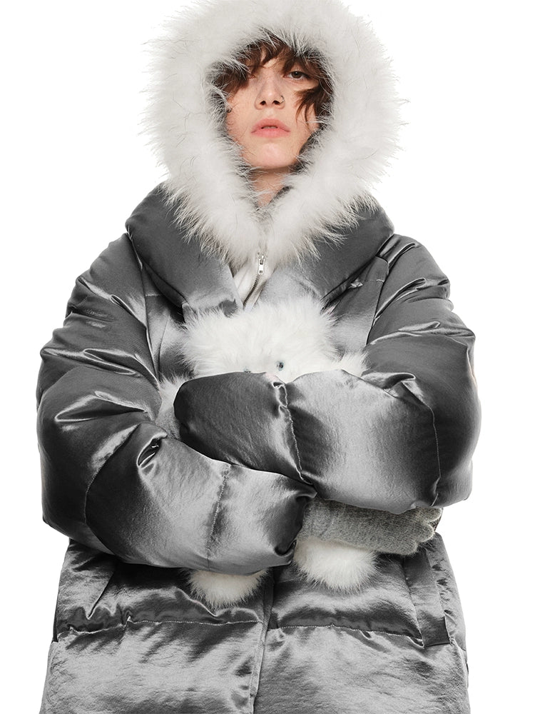 Silver Satin Down Jacket – 90% White Duck Down Thick Winter Puffer for Women