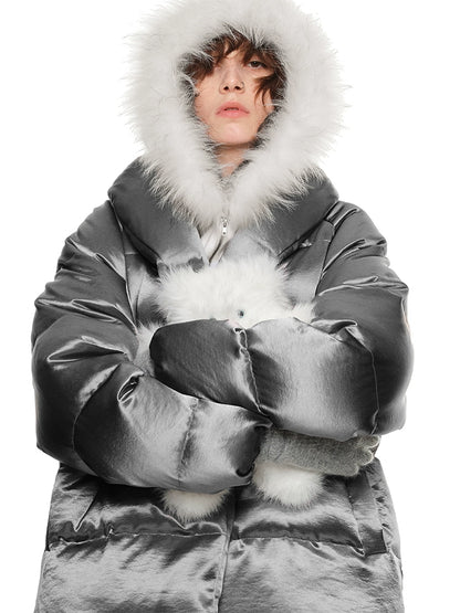 Silver Satin Down Jacket – 90% White Duck Down Thick Winter Puffer for Women