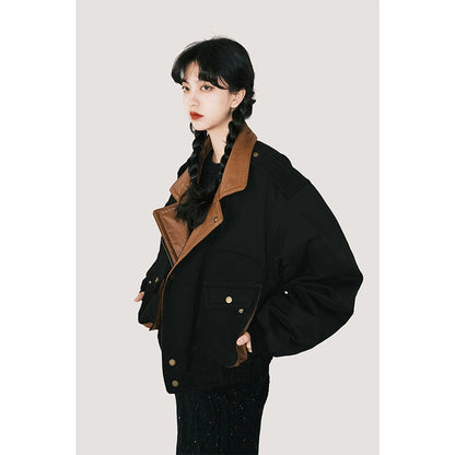 Winter Cotton Retro Black Jacket - Spliced PU Collar