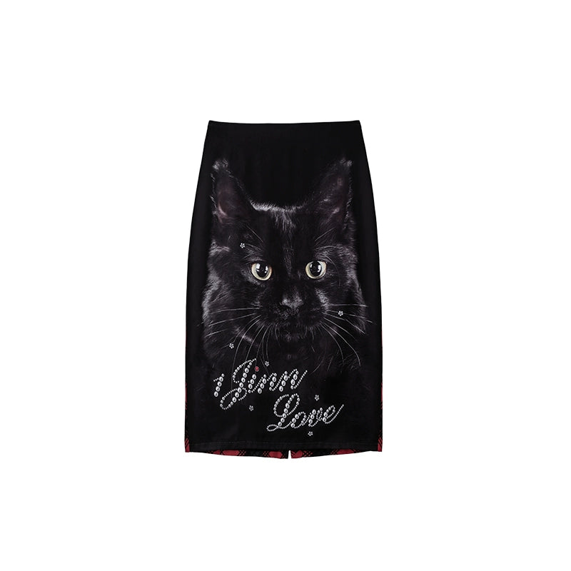 Low-Rise Cat Print Skirt – Slim Fit Hip-Hugging Statement Piece