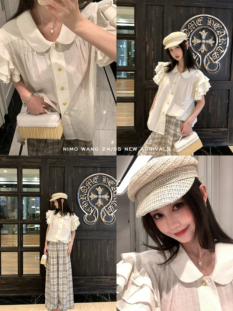 [Easy to Wear] White Doll Collar Top - Summer High-End Flying Sleeve Style