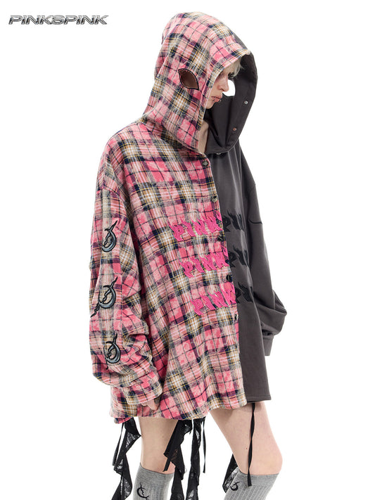 Patchwork Hooded Embroidered Unisex Y3K Plaid Shirt