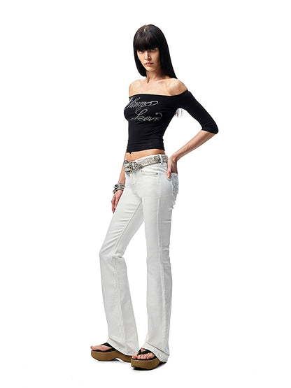 Classic Black & White Embroidered Skinny Flared Jeans – Low-Rise Washed Denim