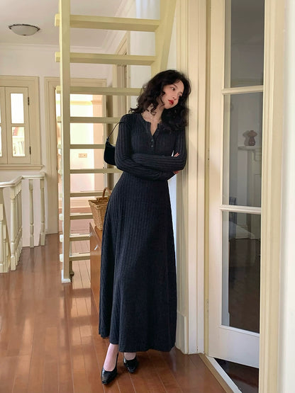 Velvet V-Neck Knit Mid-Length Dress – Korean Retro Winter Elegance