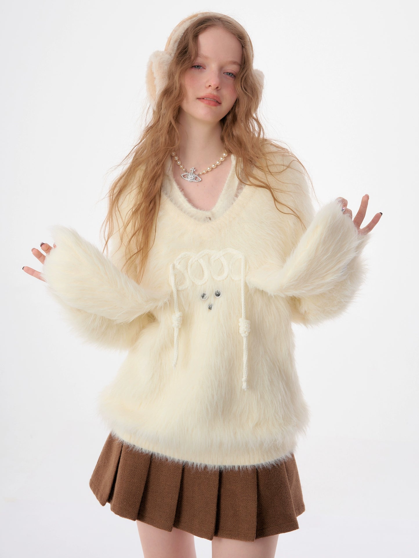 Furry V-neck Sweater | Warm and Lazy Retro Soft Knit for Autumn/Winter