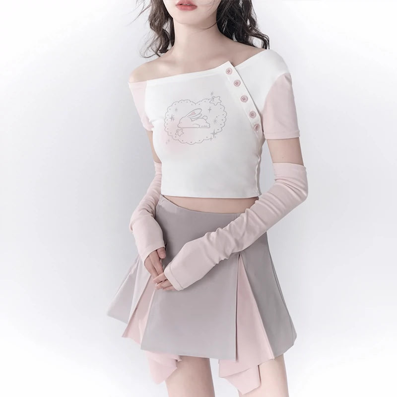 Powder Blusher Rabbit Asymmetrical Off Shoulder T-shirt