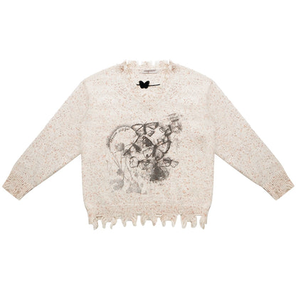 Butterfly Print Apricot Sweater | Warm Soft Wax Retro V-neck Design for Autumn/Winter