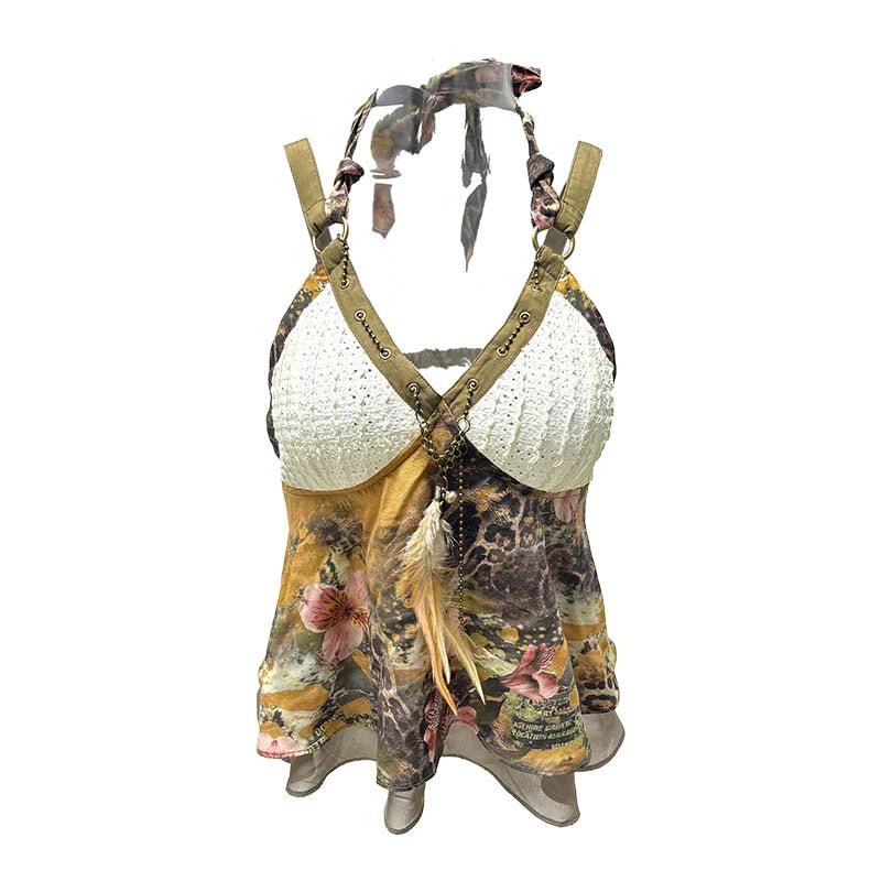 Floral Leopard Strap Panel Top – Feather Accent Look