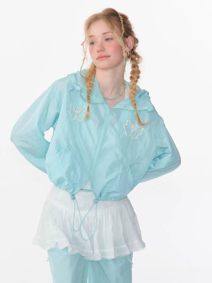 Butterfly Embroidered Thin Hooded Jacket | Summer Retro Sunscreen Design