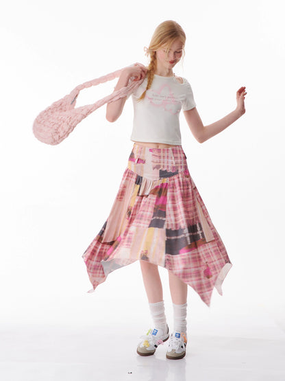 Contrast Plaid Skirt | High Waist Slim Fit Medium Length Pink Design