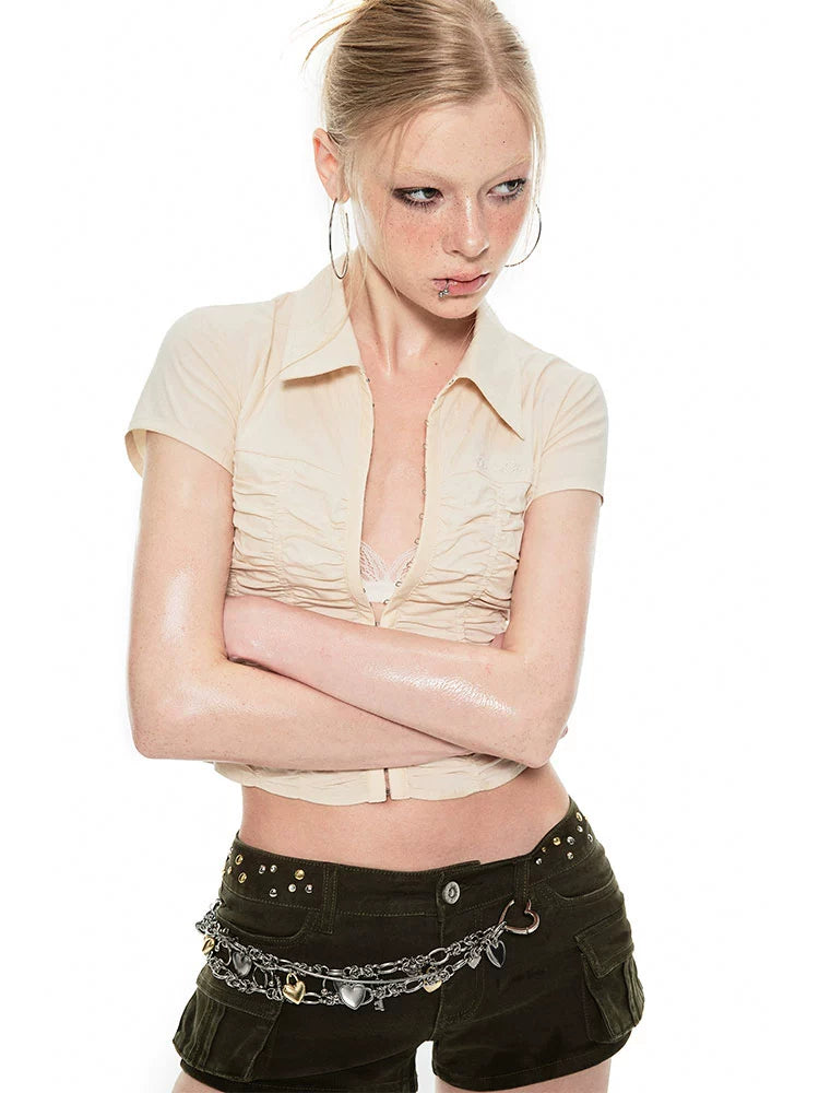 Textured Hook Button Shirt – Short Sleeve Cropped Fit with Summer Vibe