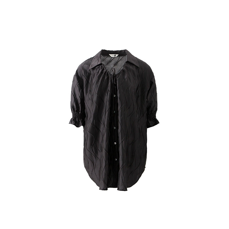 Original Design Moonlight Flowing Light Lazy Wind Loose Satin Wave Pleated Tie Short Sleeve Shirt