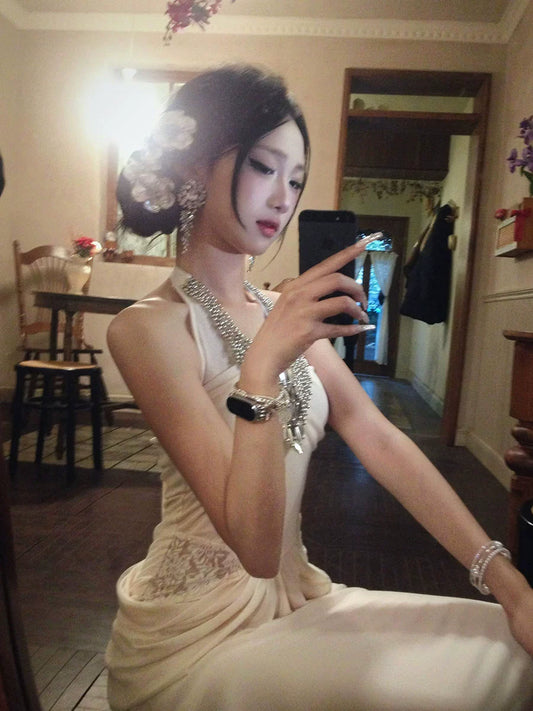 French Diamond Halterneck Dress – Elegant Luxury Dinner Gown