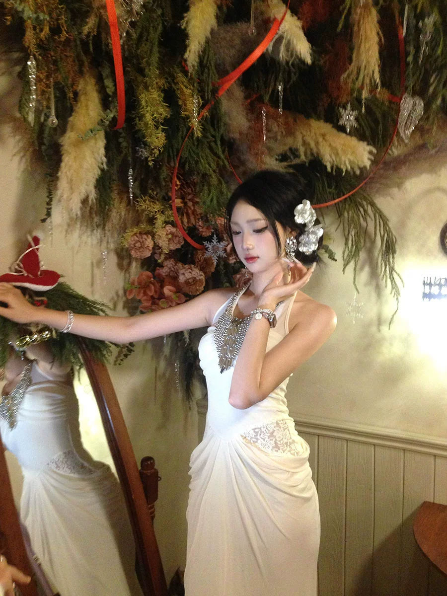 French Diamond Halterneck Dress – Elegant Luxury Dinner Gown